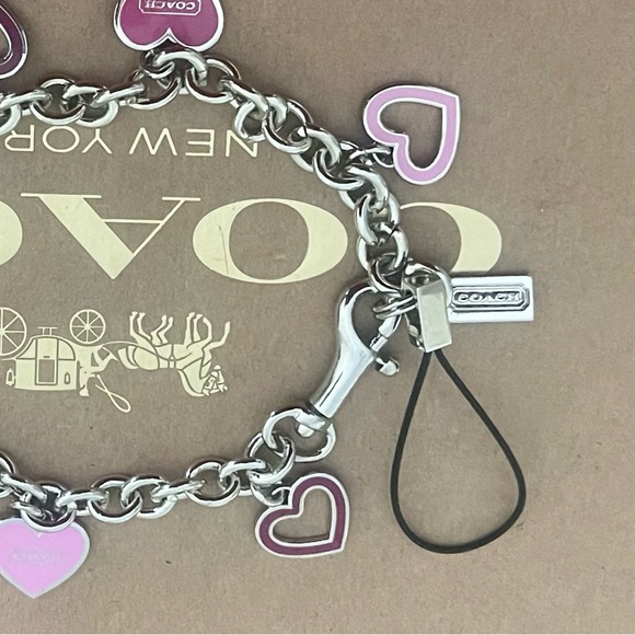 Coach Pink Enamel Pink Hearts Silver-tone Charm Bracelet Dog Leash Clip Clasp - Picture 2 of 5